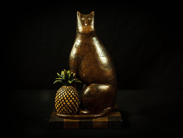 pisica, ananas, lemn sculptat, tchotchke, pisica maro, pisica de casa, sculptură în lemn