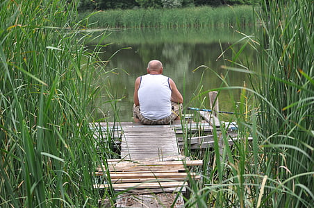 fishing, lake, village, water, nature, man, male