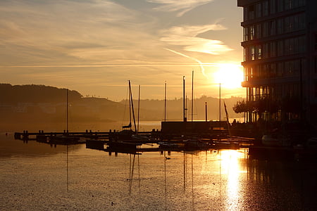 lever du soleil, Lac de Phoenix, Dortmund, bateaux, eau, jetée, port