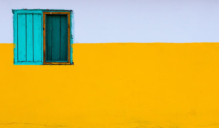 Teal, en bois, porte, turquoise, mur, fenêtre de, jaune