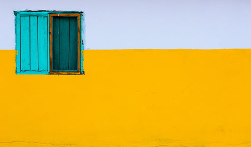 Blågrønn, tre, døren, turkis, vegg, vinduet, gul