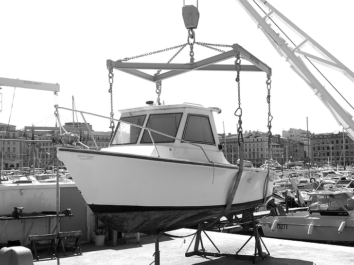 boot, hajógyár, kikötői daru, Marseille, hajó, horgászcsónak, fekete-fehér