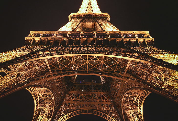 arkitektur, kunst, bygge, Eiffeltårnet, landemerke, lav vinkel skjøt, monument