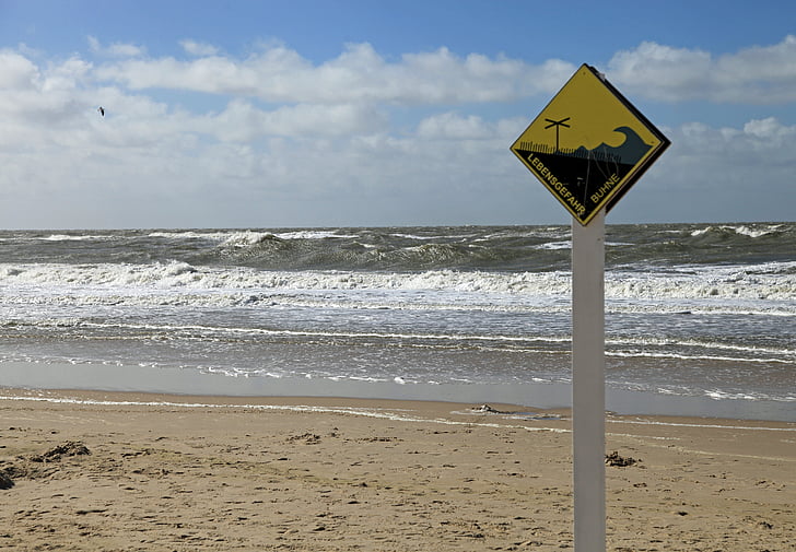 stranden, sjøen, groyne, warnschild, bølge, vann, sand