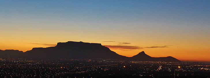 Tablica mountain, zalazak sunca, Cape town, Noćni Rasvjeta, Južna Afrika, more svjetlosti, Rio de janeiro