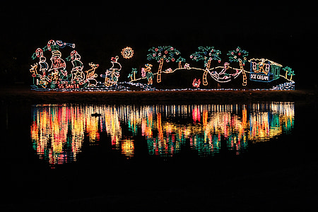 christmas, lights, colors, holiday, decoration, water, reflection