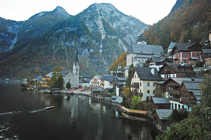 europe, city, town, small, architecture, lake, mountains