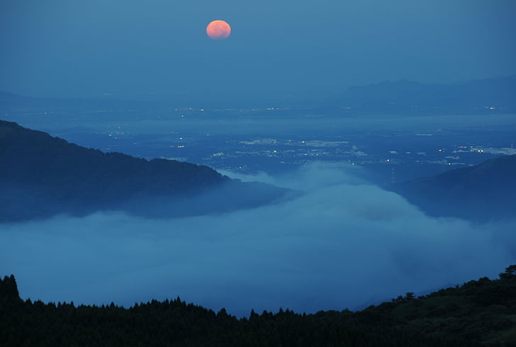 Aso, vista de noche, Luna, noche, montaña, naturaleza, paisaje