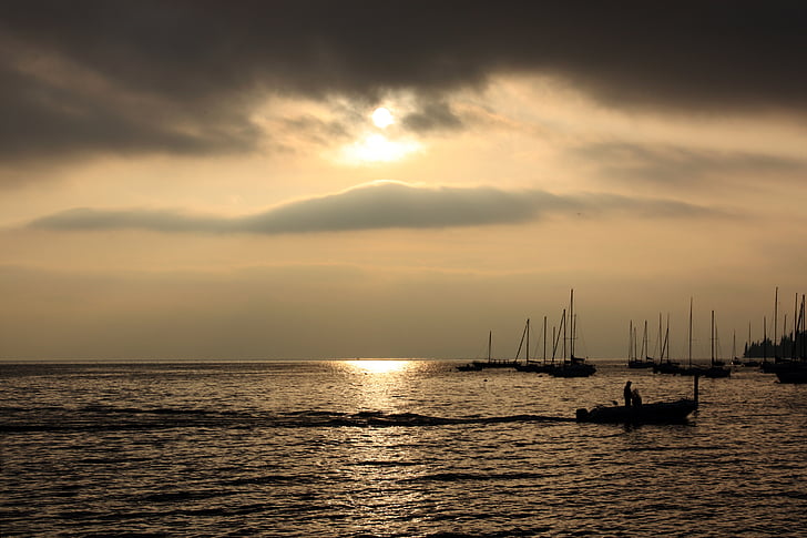 brodovi, Fischer, jezero, Italija, zalazak sunca, raspoloženje, romansa