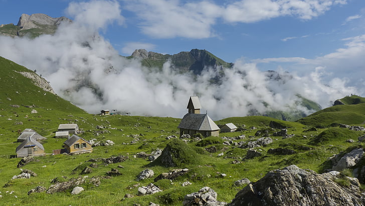naturaleza, senderismo, Suiza, Alpstein, niebla, color verde, día