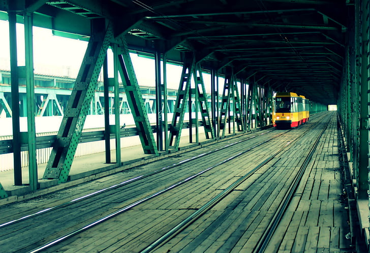 tram, train, pont, chemin de fer, Varsovie, Pologne, ville
