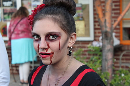 Dziewczyna, makijaż, Halloween, krew, twarz, młody, Kobieta