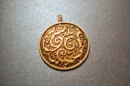 pingente, ouro, medalhão, joias, metal, focal, gravado