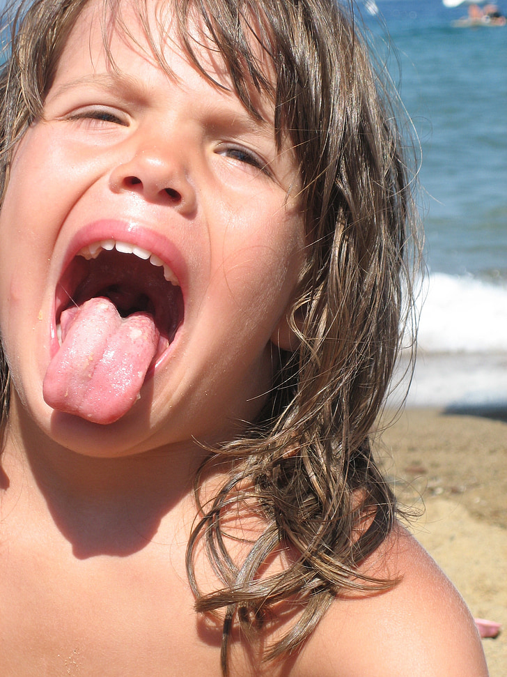 girl, beach, tongue, cheeky, trouble