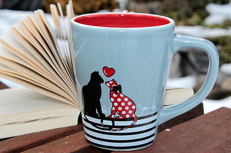 Coffee-break, Copa, xícara de café, xícara de café, livro, banco, ao ar livre