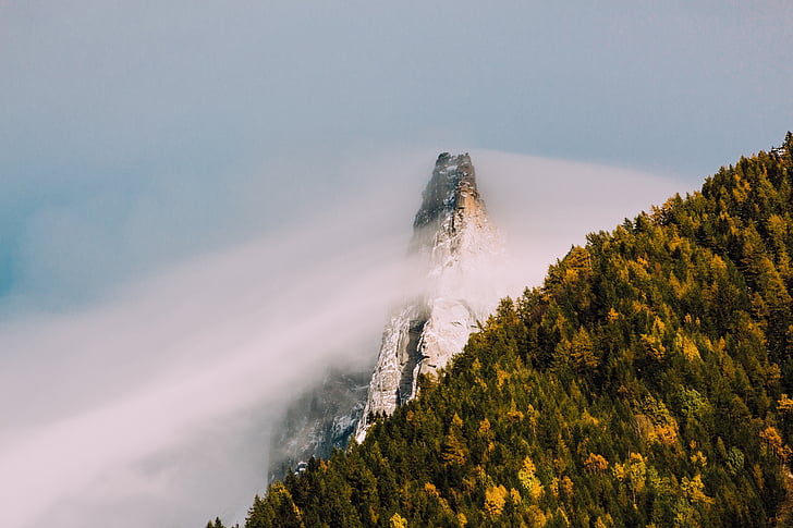 peak, cloud, fog, hillside, forest, high, steep