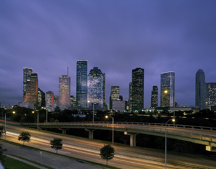 Skyline, Houston, alkonyat, belváros, utca-és városrészlet, Texas, épületek