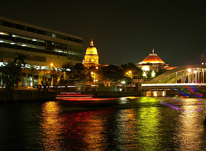 Singapur, gratacels, arquitectura, ciutat, il·luminació, nit, horitzó