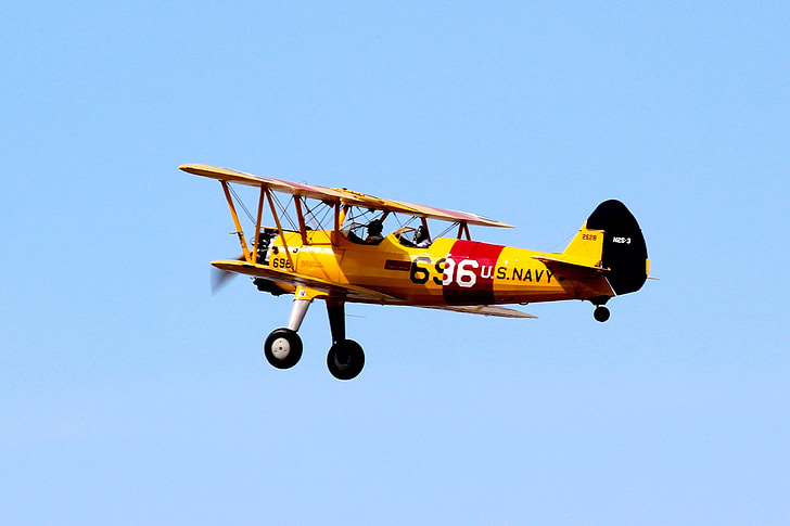 Dvisparnis lėktuvas, lėktuvas, Oldtimer, geltona, skristi, pilotas, dangus