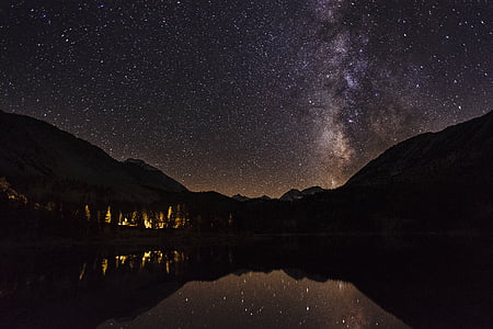 панорамна, снимка, тяло, вода, през нощта, звезди, небе
