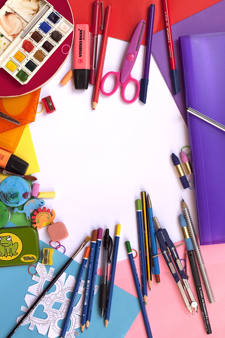 изкуство, художествени материали, четка, цвят, цветни моливи, цветове, състав