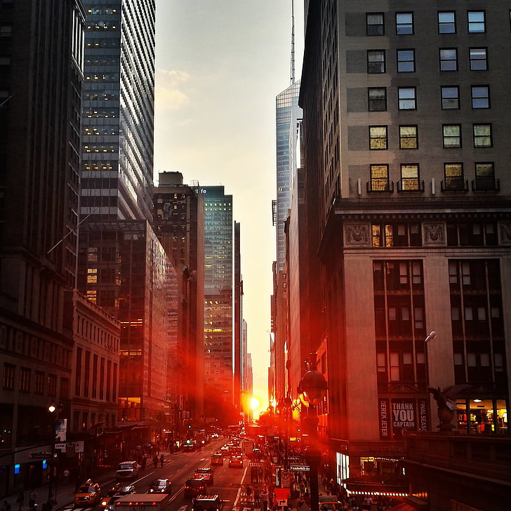 gris, hormigón, edificio, nueva york, ciudad, puesta de sol, rojo