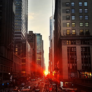 grijs, beton, gebouw, New york, stad, zonsondergang, rood