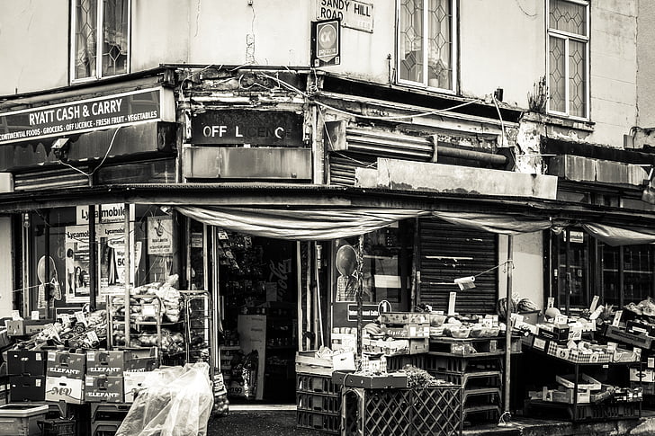 grayscale, photography, store, front, market, fruits, vegetables
