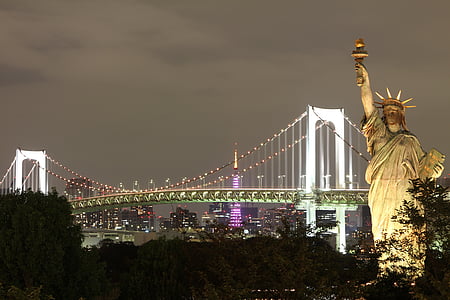 infraestructura, puente, oscuro, noche, luz, Torre, estatua de la libertad