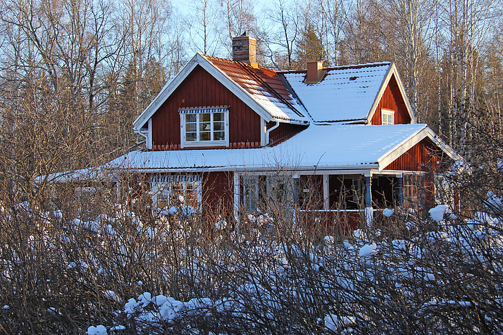 sniego, žiemą, šaldymo, gražu, gražus, raudona, tradicinis, medienos