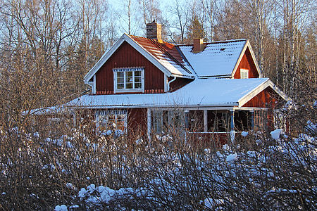 sniego, žiemą, šaldymo, gražu, gražus, raudona, tradicinis, medienos