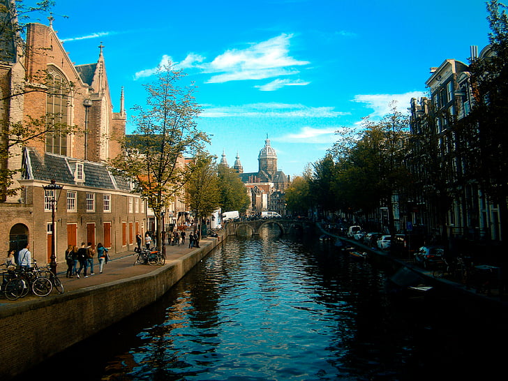 Амстердам, Архитектура, мост, здания, канал, город, на открытом воздухе