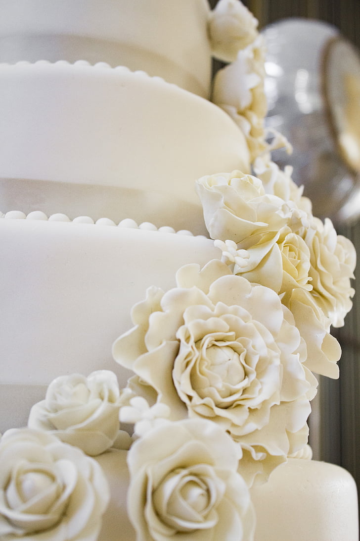 kāzas, kūku, rozes, kāzu tortes, jauks, pārtika, balta