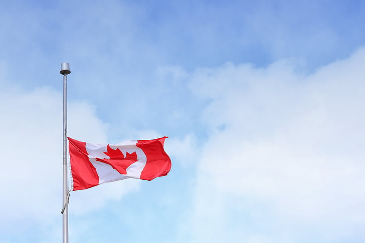 снимка, канадски, флаг, през деня, облак, небе, клен