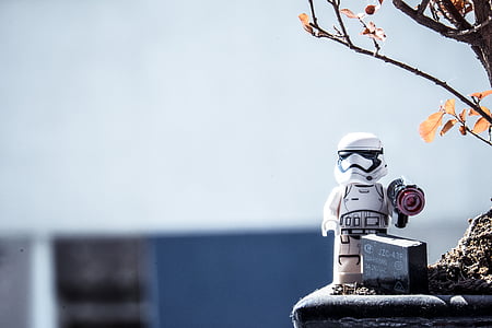 storm, trooper, lego, toy, standing, beside, plant