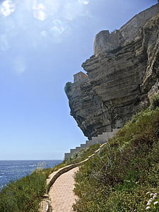 Bonifacio, útesy, převis, vysoká, krajina, Korsika, mořské pobřeží