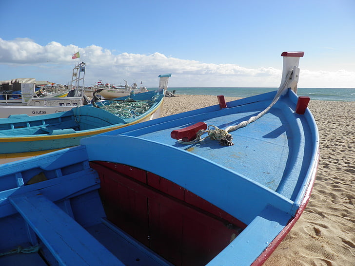 fishing boat, blue, algarve, summer, fish, coast, beach