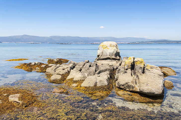 pobřeží, kameny, Arousa ostrov, Arousa, Galicie, Pontevedra, Španělsko