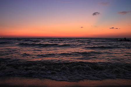 stranden, før, blå, morgen, refleksjon, sjøen, soloppgang