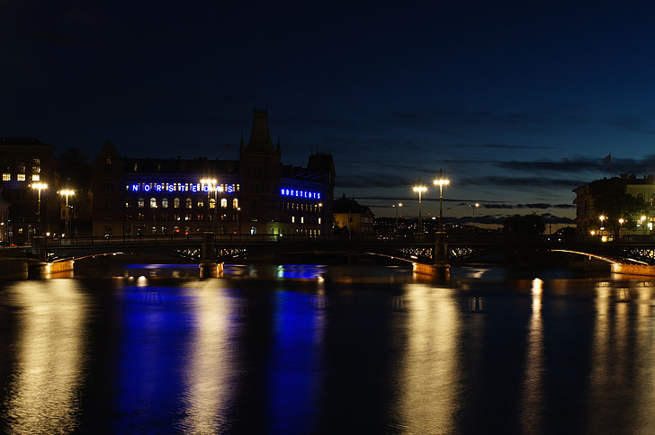 Stockholm, gece, İsveç, nehir, aydınlatma, Köprü, İskandinavya