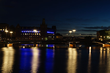 Stockholm, malam, Swedia, Sungai, pencahayaan, Jembatan, Skandinavia