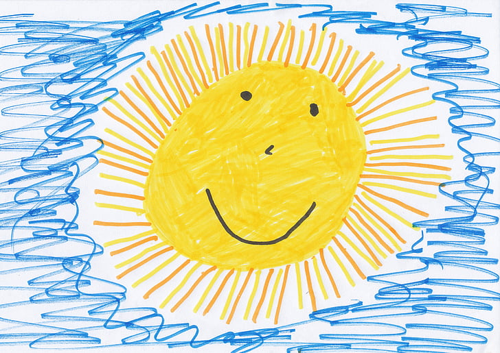 žuta, Sunce, boje, dijete, slika, ljeto, crtanje