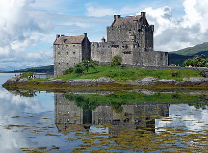 eilean donan castle, castle, eilean donan, scotland, mirroring, water, clouds