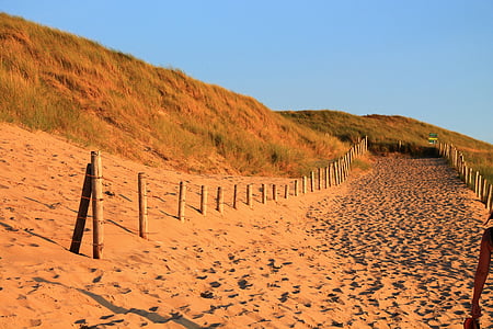 Dune, tanggul, kaki, jalan, pagar, pasir, Pantai