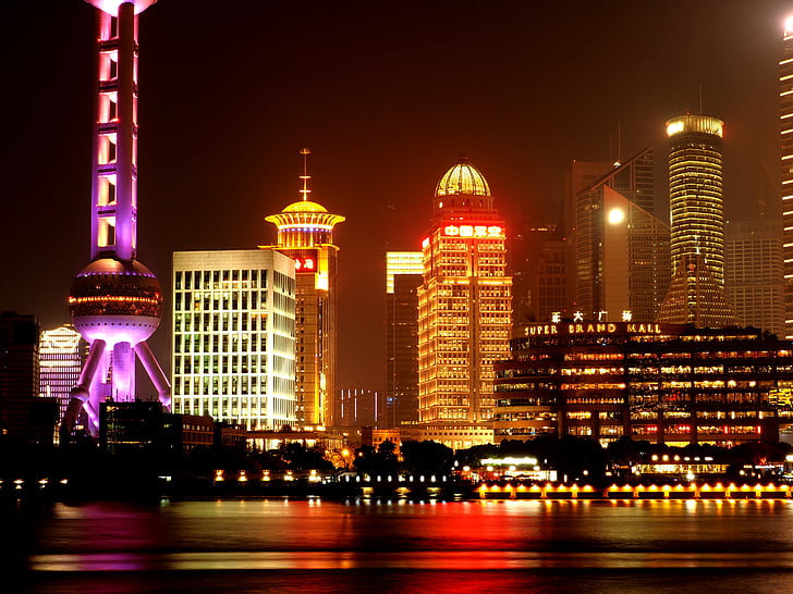 Shanghai, Oriental pearl tv tower, Öine vaade, Hiina Rahvavabariik, jõgi, öö, arhitektuur