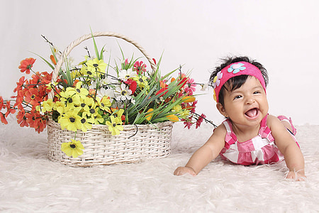 sretan, bebe, cvijeće, beba, dijete, slatka, mali