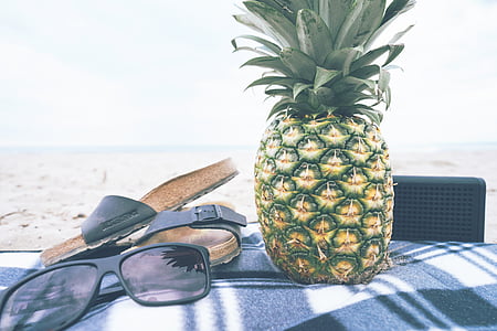 pineapple, fruit, beside, black, framed, sunglasses, food