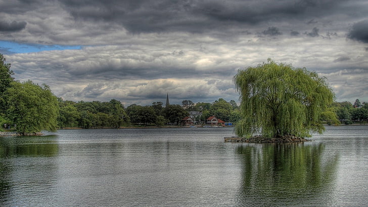 sky, clouds, landscape, tree, nature, river, lake