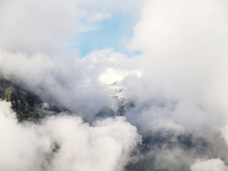 clouds, sky, mountain, peak, summit, air, environment