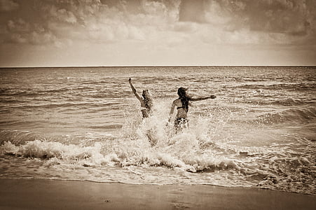 two, woman, bikini, seashore, sepia, photo, girls